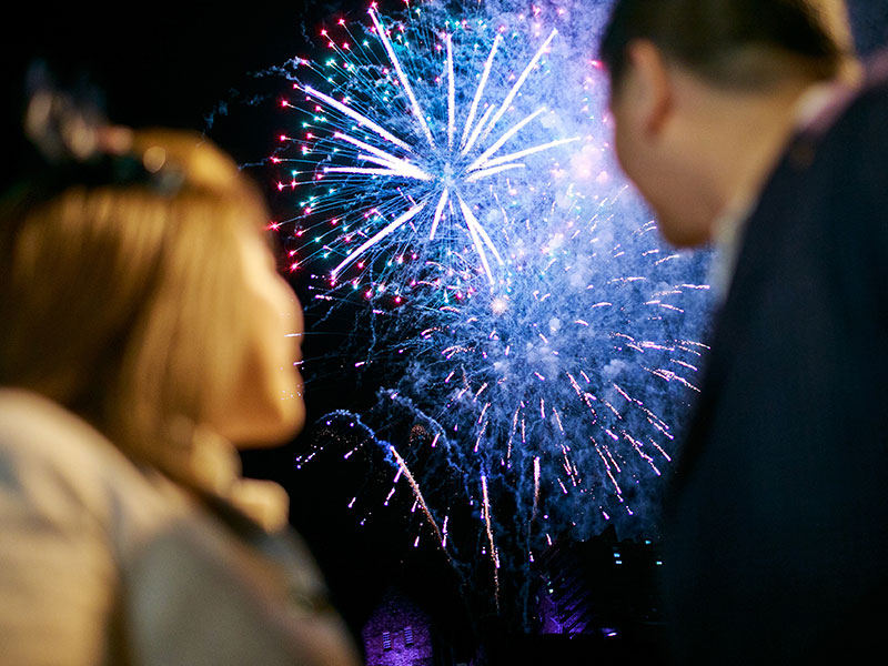 A couple who made New Year's resolutions for dating looking at fireworks going off and feeling hopeful.