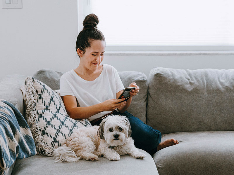 A woman who listened to these online dating first message tips smiling and texting while on the couch with her dog.