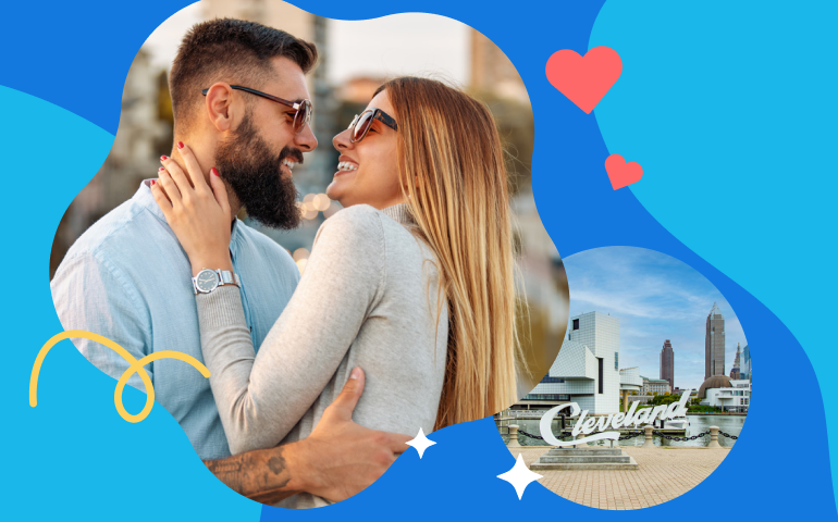 Zoosk colorful illustration showing a happy couple looking into each other's eyes while dating in Cleveland.
