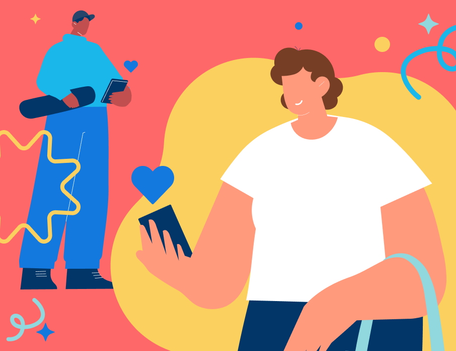 Zoosk illustration depicting an online dater using mobile phone and dry texting.